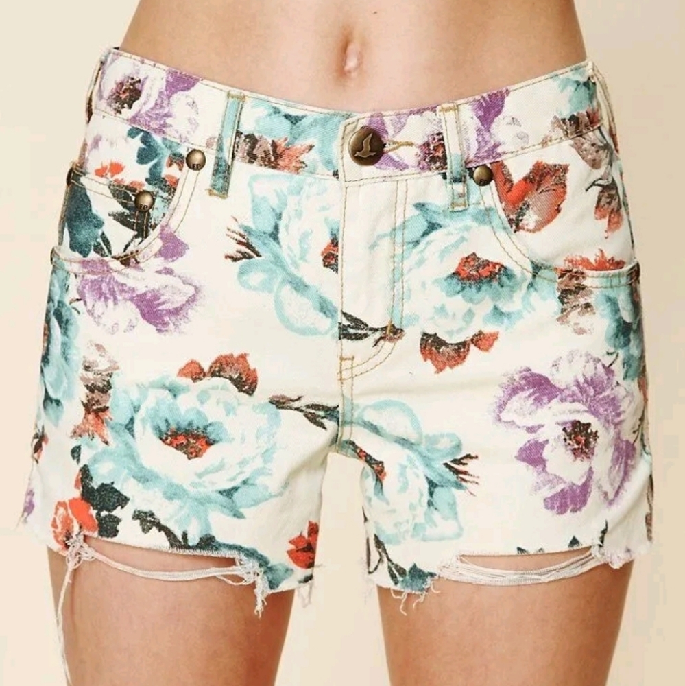 Free People Womens Floral Multicolor Cut Off Denim Short Size 24